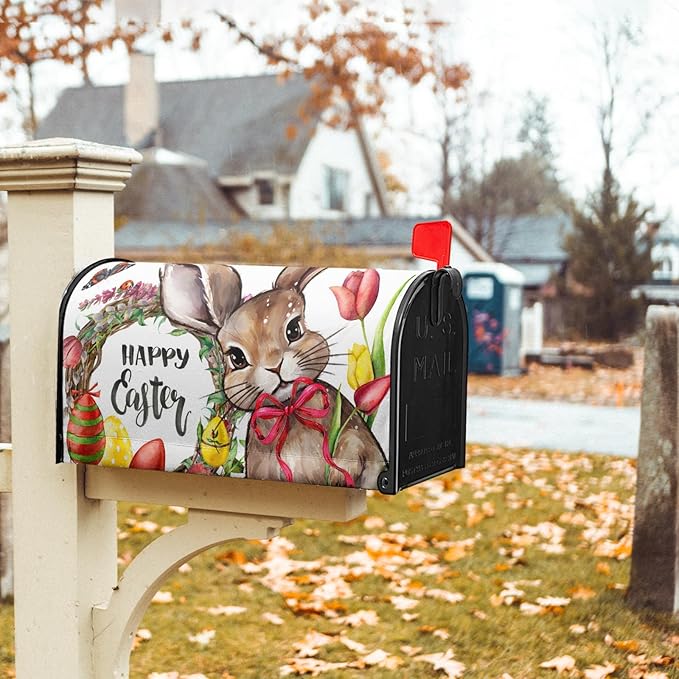 Happy Easter Bunny Magnetic Mailbox Covers Cute Rabbit with Egg Flower Wreath Decorative Mailboxes Wraps Post Letter Box Cover Standard Size 21x18 in Spring Holiday Decor for Home Outdoor Garden Yard