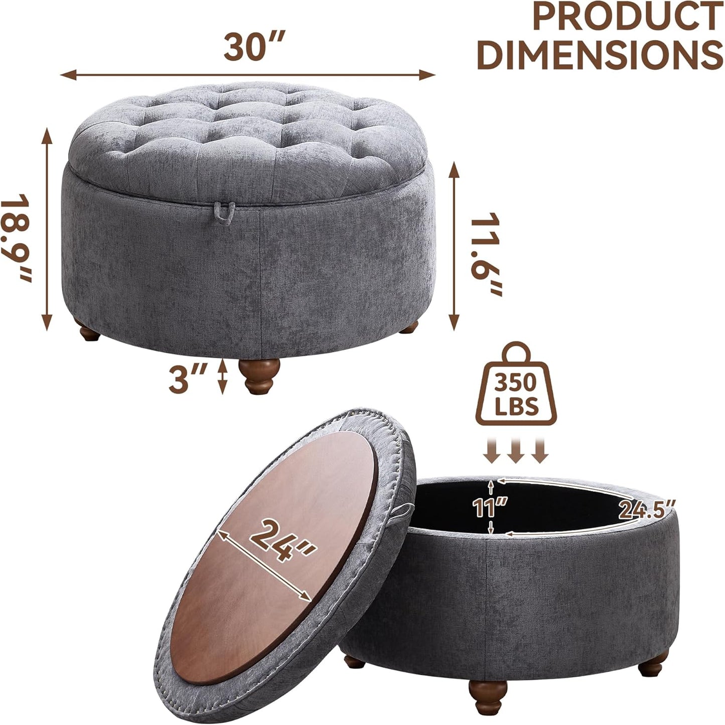 30Inch Round Storage Ottoman with Tray, Modern Tufted Circle Coffee Table with Storage, Upholstered Ottoman with Removable Top for Living Room, Bedroom, Chenille Blue
