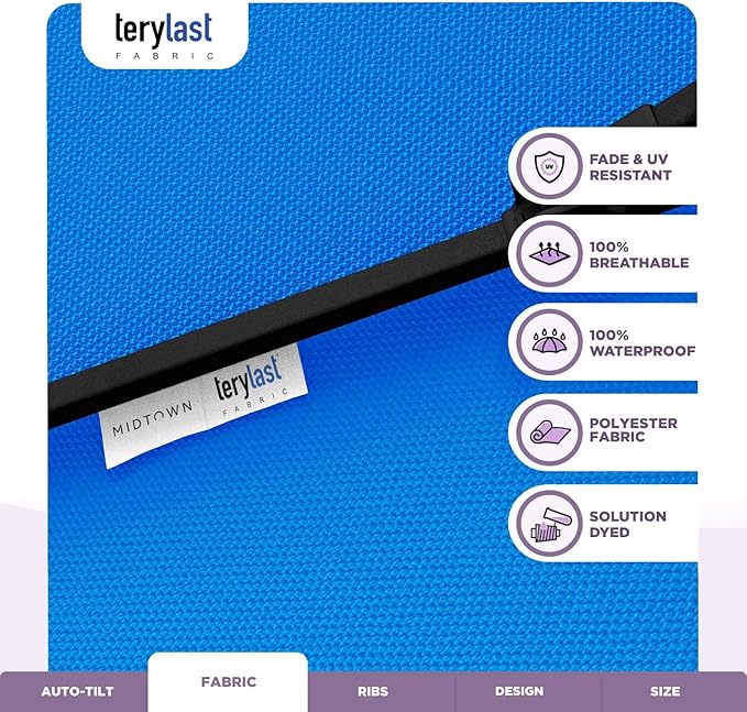 Midtown Umbrellas 10-Year-No-Fade - 6 Ft - UV Proof Blue Polyester Fabric - Umbrella Outdoor Patio, Auto-Tilt Aluminum Frame Large Patio Umbrella for Garden, Pool & Deck - Black Pole