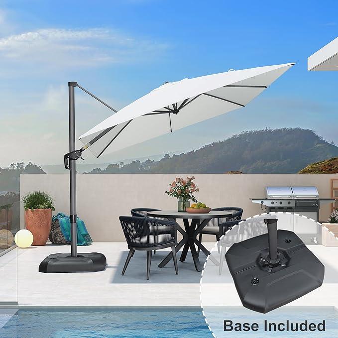 PURPLE LEAF 9 Feet Patio Umbrella with Base Outdoor Cantilever Square Umbrella Aluminum Offset Umbrella with 360-degree Rotation for Garden Deck Pool Patio White