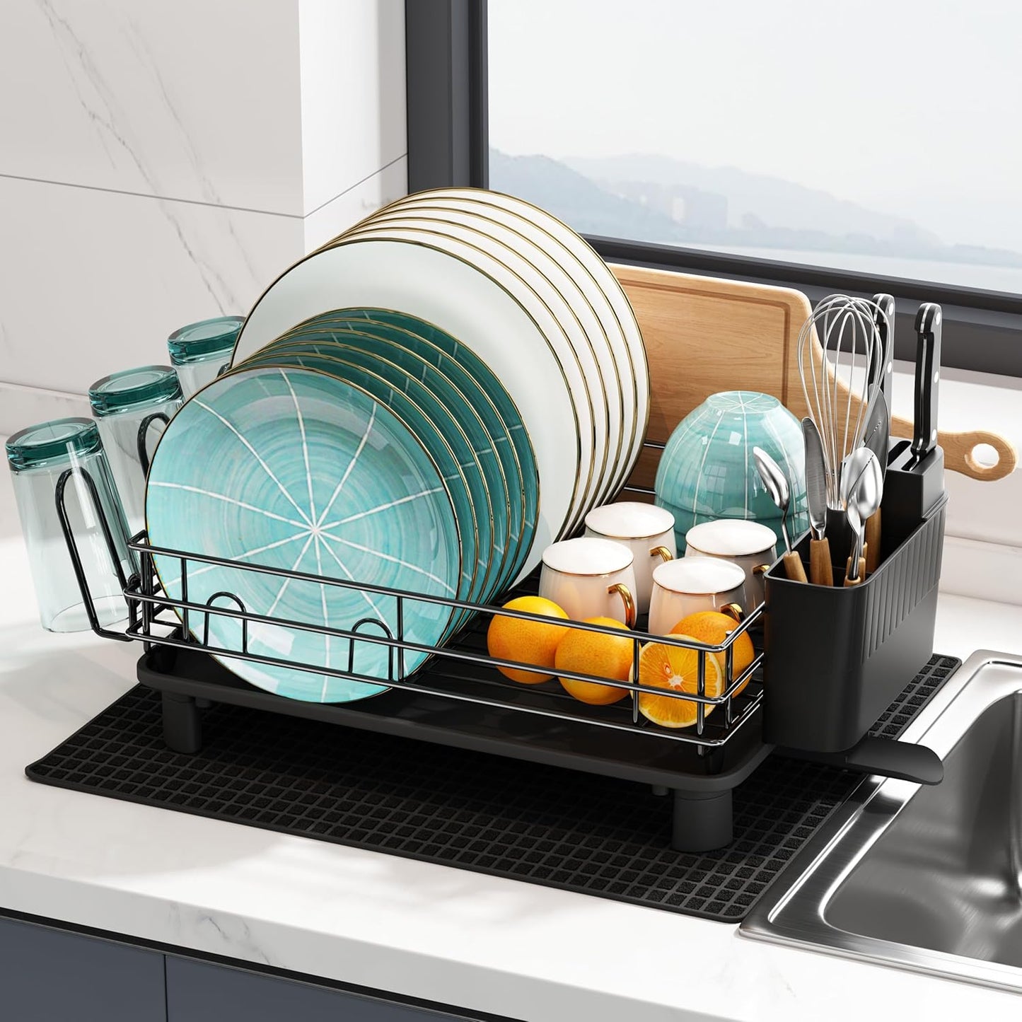 JASIWAY Black Stainless Steel Dish Drainers Drying Rack for Kitchen Counter with Drainboard Set, Rust Proof Metal, Space Saving, Modern Aesthetic, Compact Plates Strainers with Extra Mat