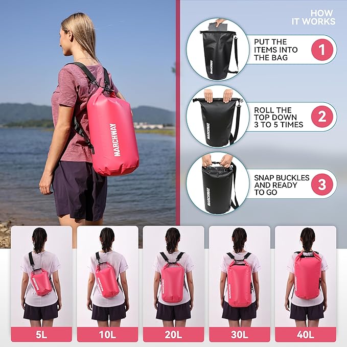 MARCHWAY Floating Waterproof Dry Bag Backpack 5L/10L/20L/30L/40L, Roll Top Sack Keeps Gear Dry for Kayaking, Rafting, Boating, Swimming, Camping, Hiking, Beach, Fishing