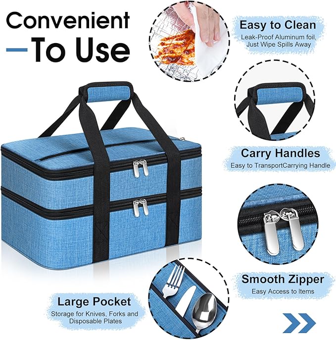 Double Insulated Casserole Carrier, Portable Casserole Carrier for Hot or Cold Food Lunch Tote Warmer or Cooler Bag, Lasagna Lunch Bag for Potluck Parties- Fits 9" x 13" Baking Dish-Azure