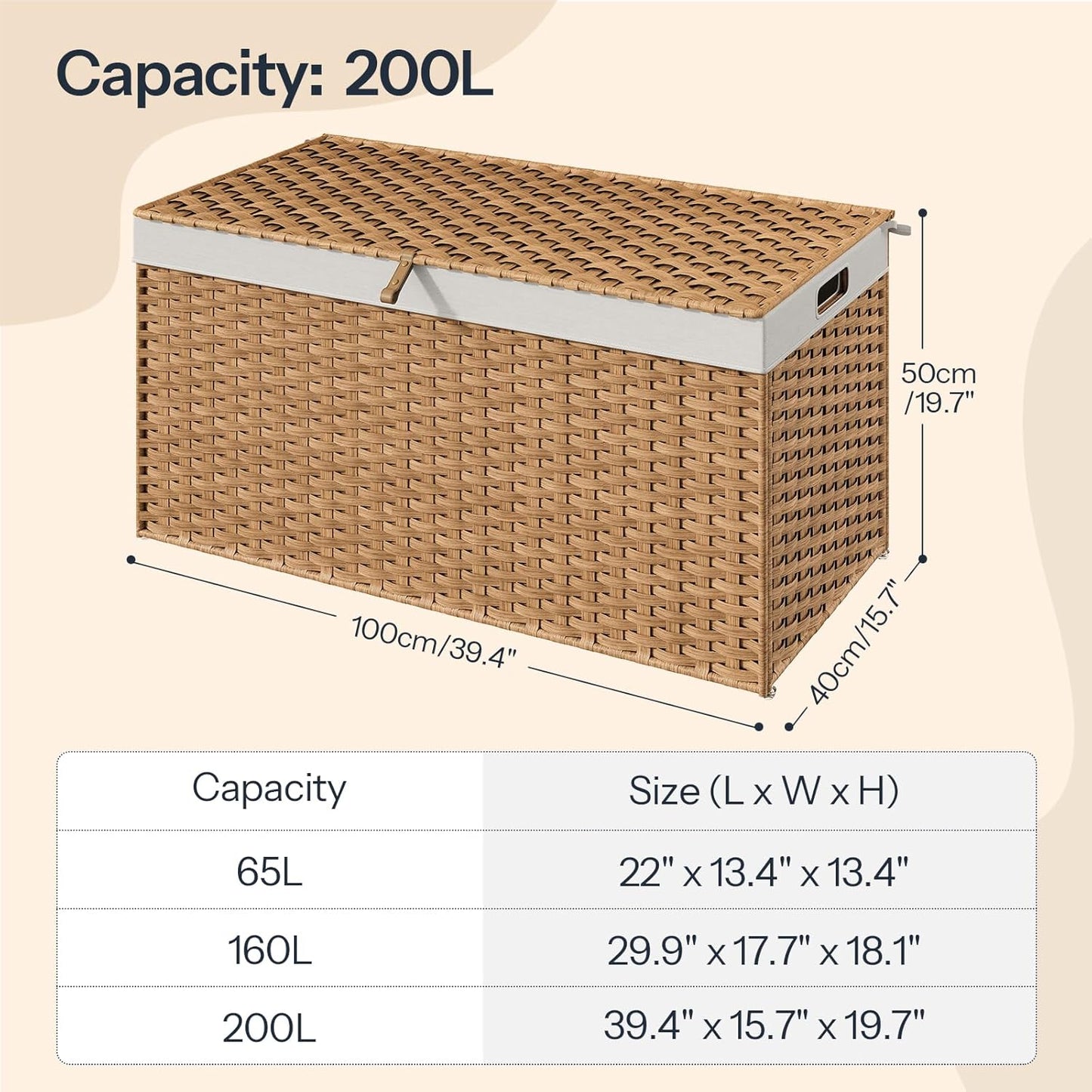 HOOBRO Storage Basket with Lid, 52.8 Gallon (200L) Wicker Basket, Handwoven Blanket Storage Basket with Handles, Metal Frame and Soft Lining, Foldable for Bedroom, Laundry Room, Natural NL220CW01