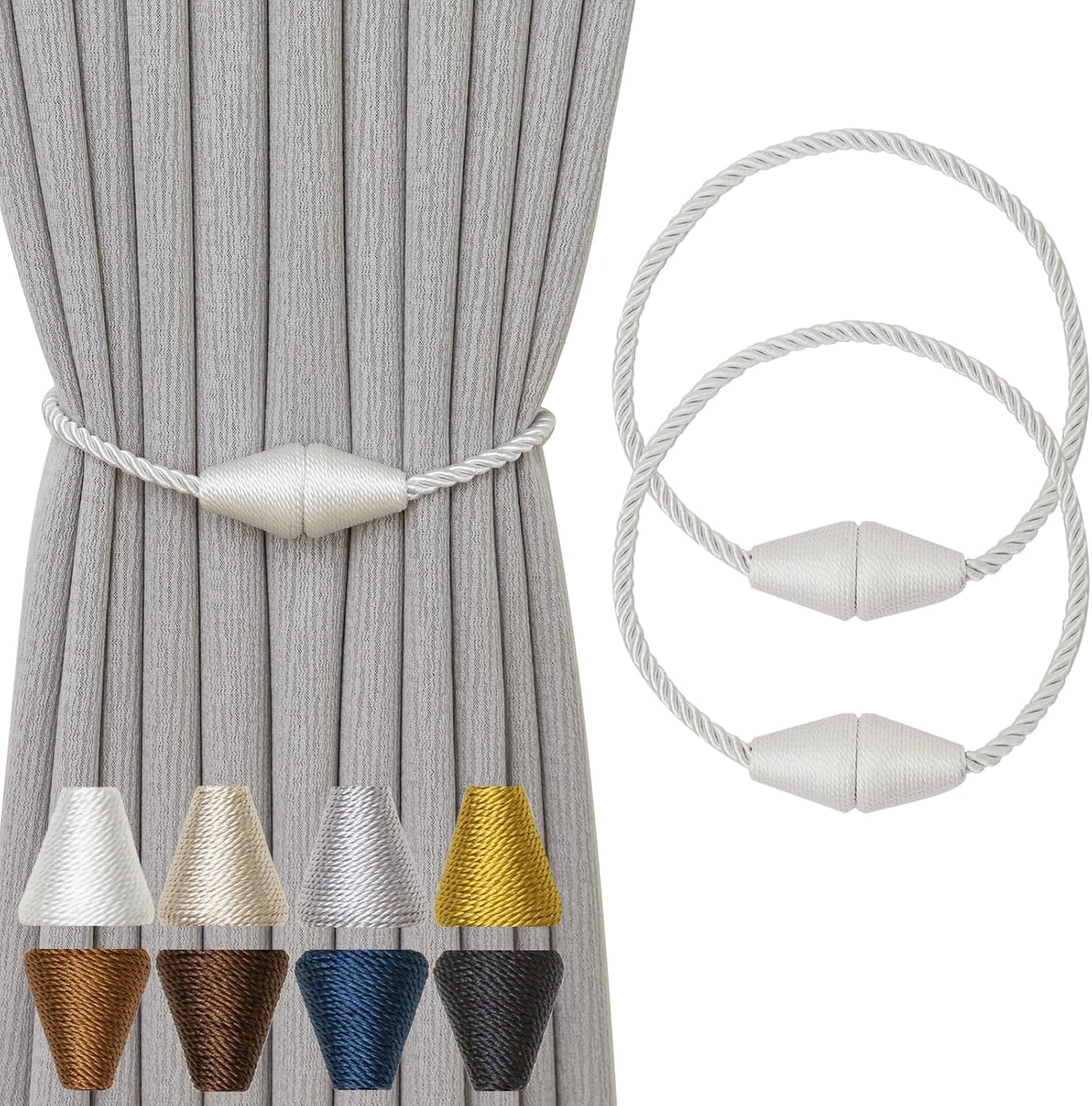 Magnetic Curtain Tiebacks 2 Pack Outdoor Rope Curtain Tie Backs Decorative Window Treatment Holdbacks for Home Decorative Curtain, White