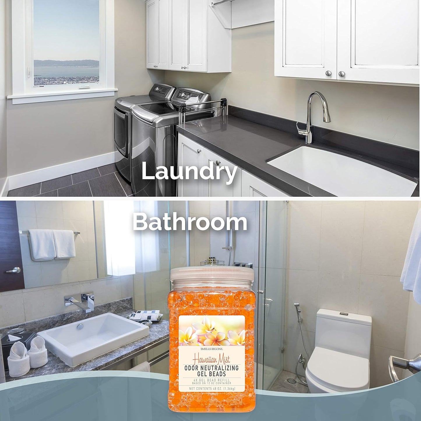 SMELLS BEGONE 48 oz Odor Eliminator Gel Bead Refill - Eliminates Odors from Bathrooms, Cars, Boats, RVs & Pet Areas - Air Freshener - Made with Essential Oils - Hawaiian Mist Scent