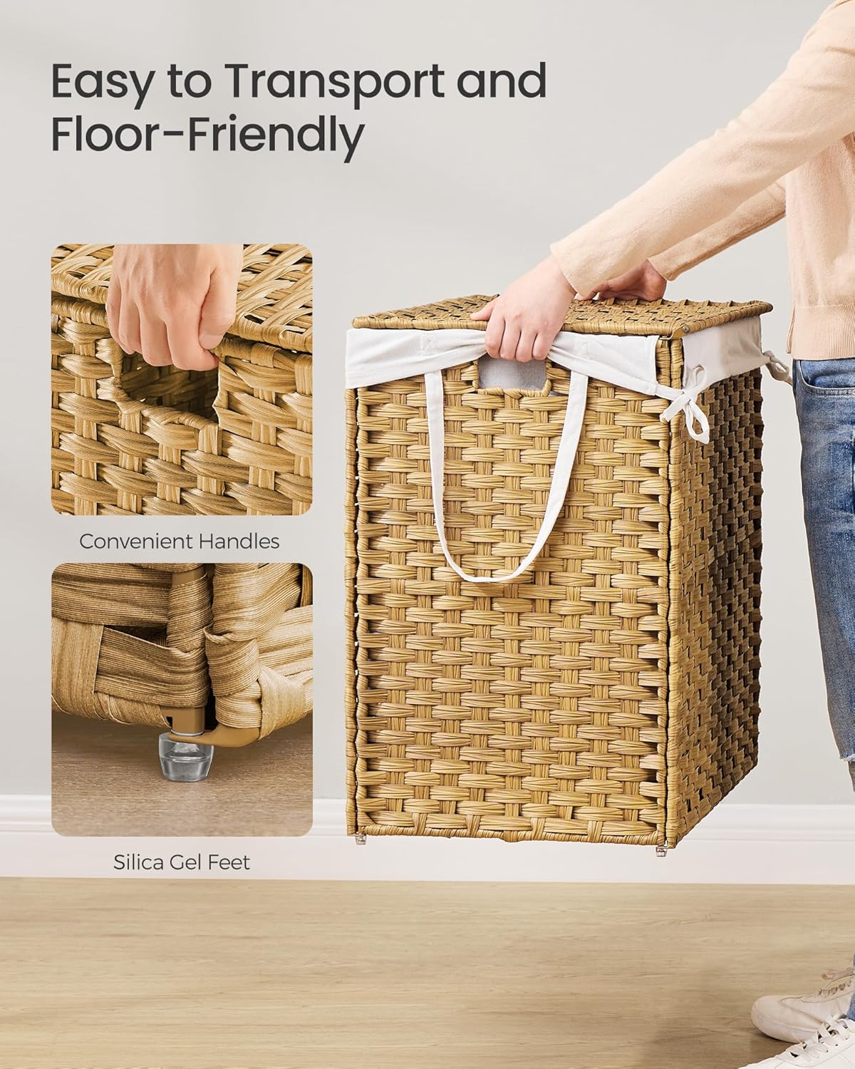 SONGMICS Laundry Hamper with Lid, 52.8 Gallon (200 L) Synthetic Rattan Clothes Laundry Basket with Lid and Handles, Foldable, Removable Liner, Goose Yellow ULCB320Y01