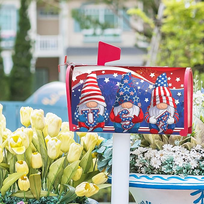 Patriotic Gnomes USA Flag Mailbox Cover Independence Day July 4th Mailbox Covers Oversize 25.5"" x 21"" Happy Holiday Waterproof Post Box Cover Wraps for Outdoor Garden Yard Home Decor