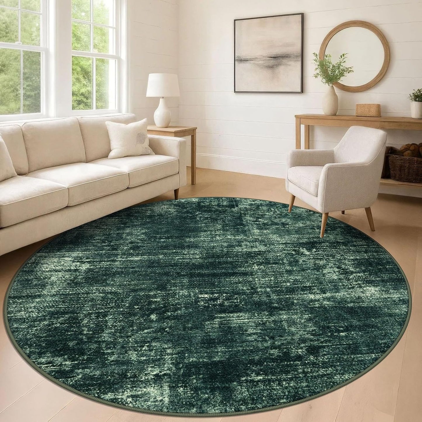 IOHOUZE Abstract Round Area Rug 8 Ft Washable Circle Rugs Large Round Rug Non Slip Thin Soft Circle Rugs, Printed Faux Wool Floor Carpet for Bedroom Living Room Dining Room Nursery, Dark Green