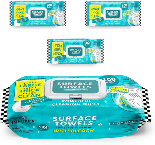 3 Packs Surface Wipes with Bleach, Thick & Large Dispose, All-Purpose Cleaner for Bathroom, Kitchen, Office, 300 Count Soft Flow, Biodegradable, Fresh Scent