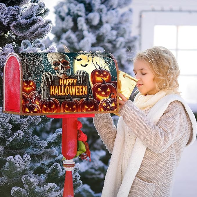Happy Halloween Skeleton Mailbox Cover Magnetic Standard Size 21x18 inch Spooky Pumpkin Full Moon Post Letter Box Wrap Happy Holiday Dust-Proof Postbox Covers Protection for Home Outdoor Garden Yard