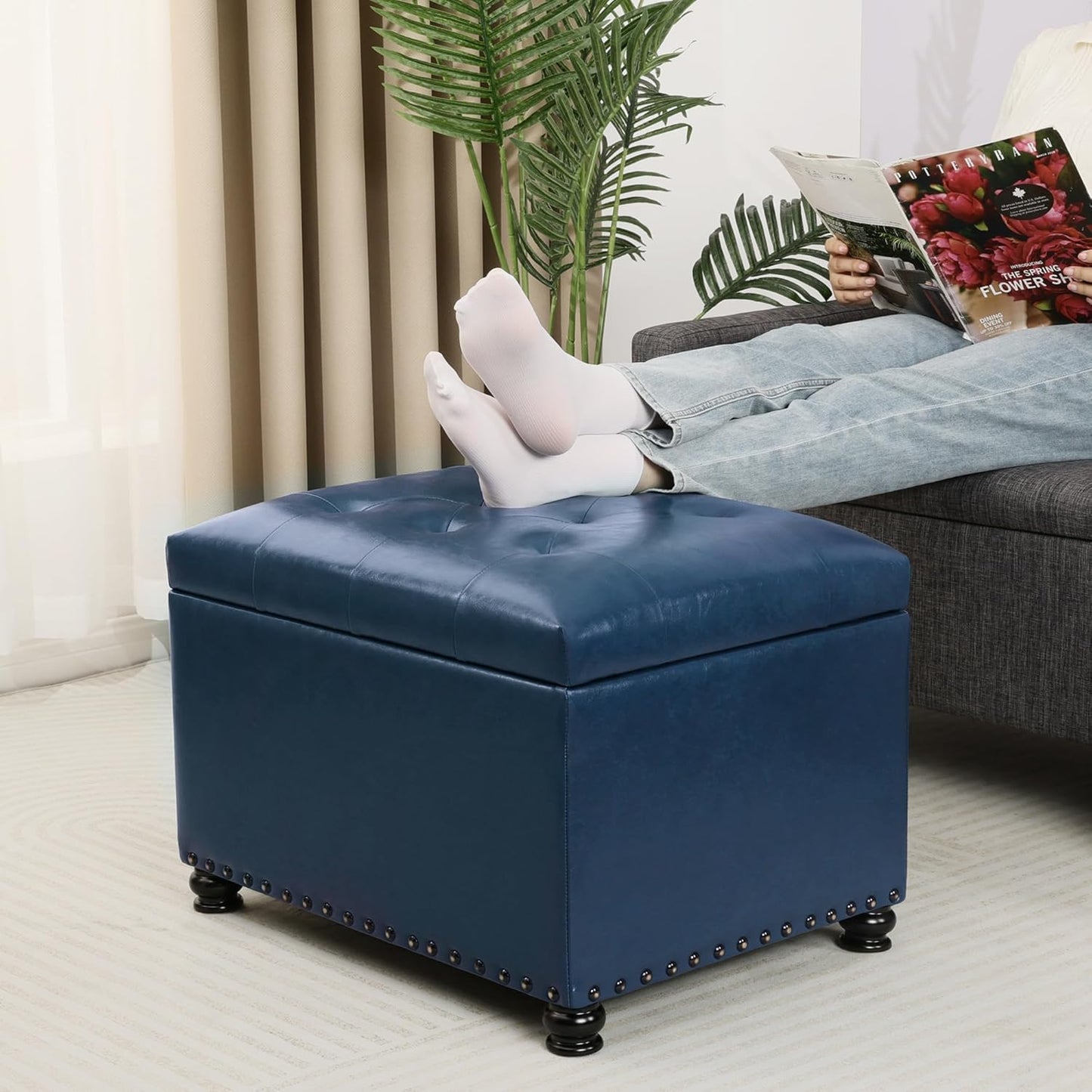 Joveco Faux Leather Storage Ottoman Bench Rectangle 24 Inch Foot Rest Ottomans