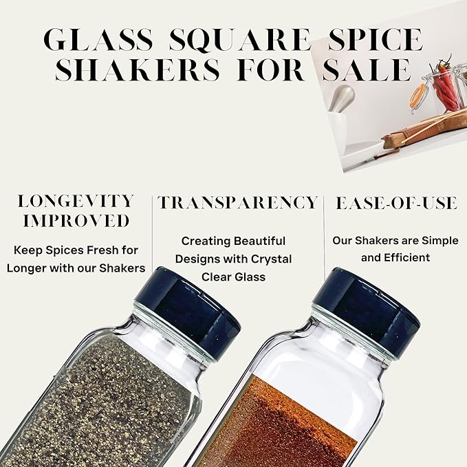 JARMING COLLECTIONS Glass Spice Jars with Shaker Lids - Spice Jars 8oz for Food Storage, Spice Containers for Kitchen Organization and Storage, Glass Organizing Bottles (French Square 8oz Blackx3)