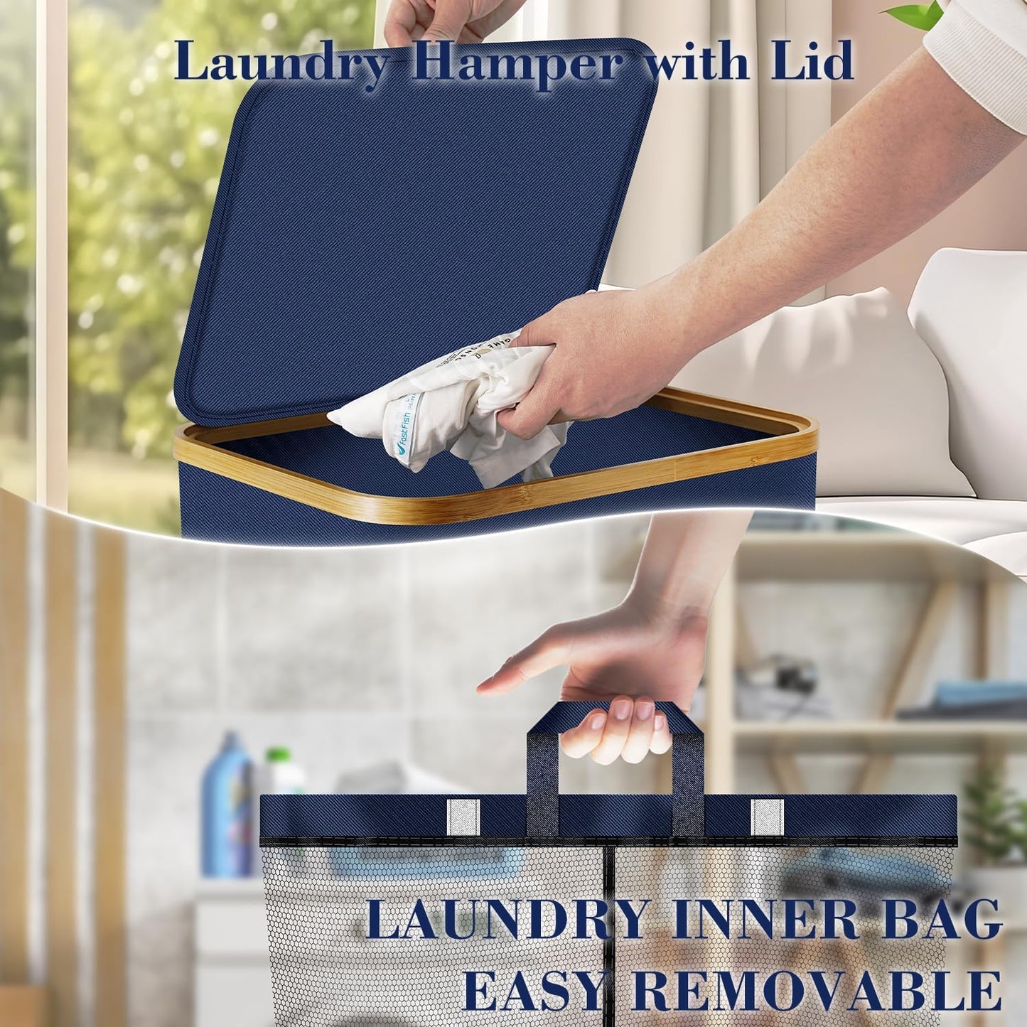 Laundry Hamper with Wheels,20 Gal (75L) Laundry Basket with lid Rolling Clothes Hamper Foldable Dirty Clothes Basket on wheels with Bamboo Frame and Bag for Bedroom, Dorm, Laundry Room-Blue