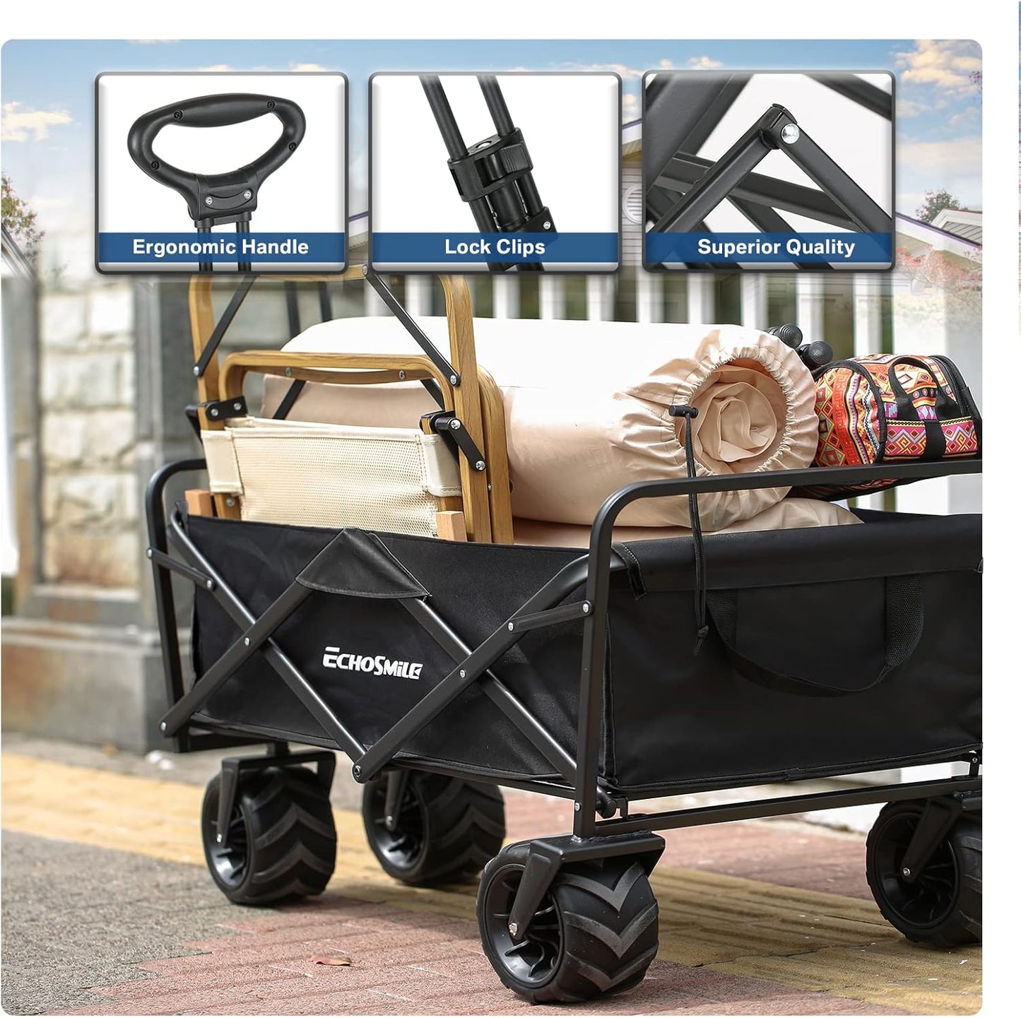 EchoSmile Heavy Duty 350 Lbs Capacity Collapsible Wagon, Outdoor Folding Camping Wagons, Grocery Portable Utility Cart, Adjustable Rolling Carts, All Terrain Sports Wagon with Big Wheels by Boahaus