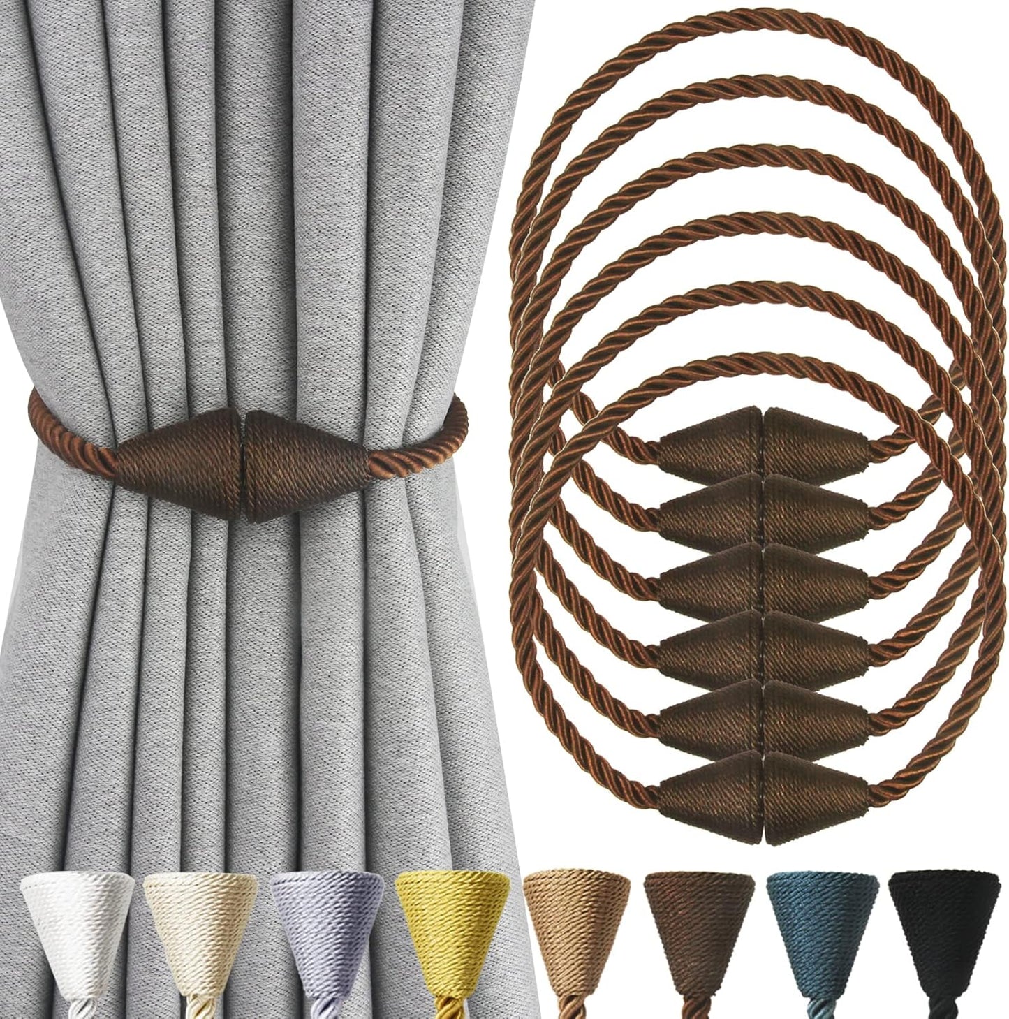 6 Pack Magnetic Curtain Tiebacks Rope Modern Handmade Curtain Tie Backs Decorative Drapes Weave Holdbacks for Window Décor, Coffee