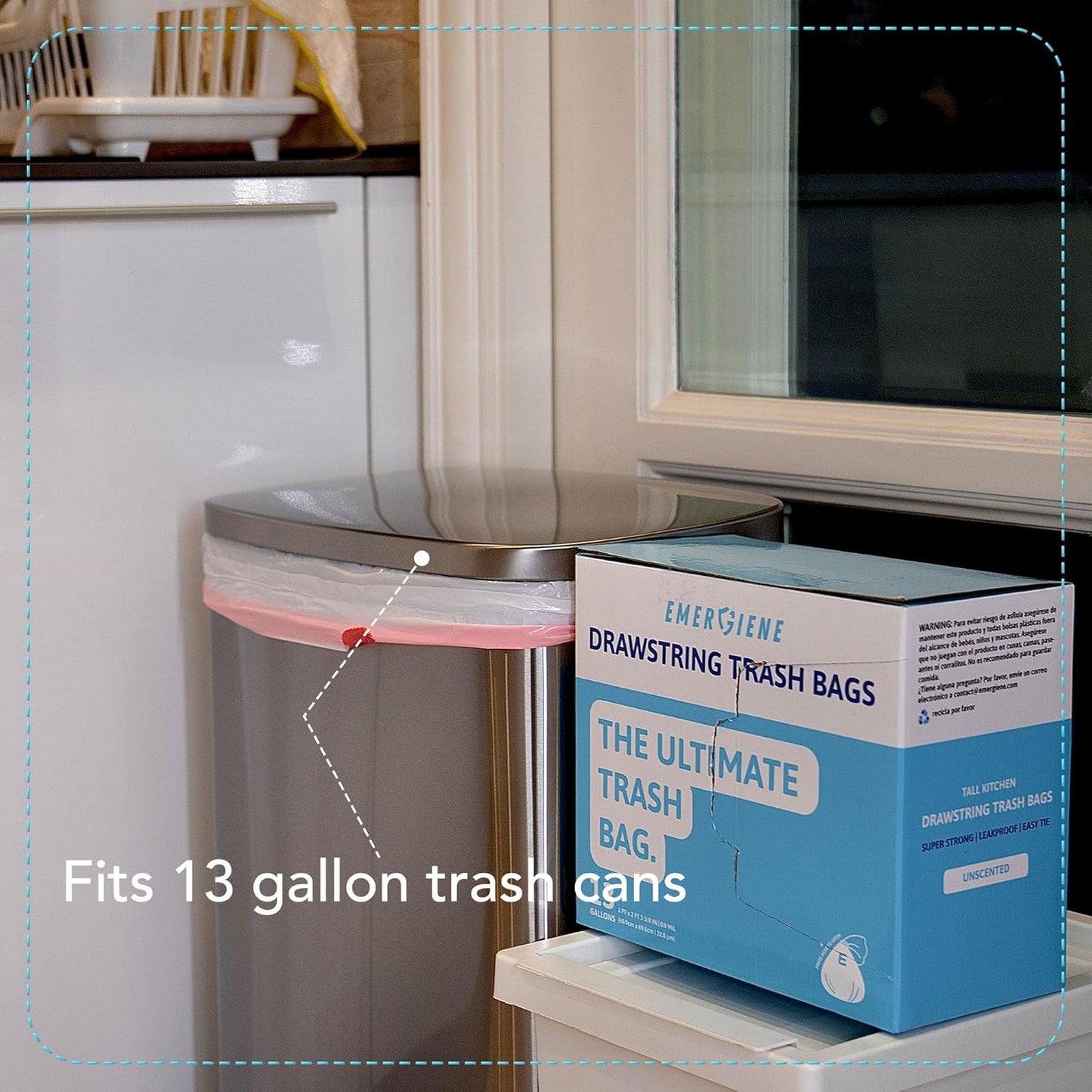 13 Gallon Drawstring Trash Bags, Unscented 200 Count Tall Kichen Garbage Bags, Pre-Separated, Ultral Strong, Leakproof, Sturdy, White