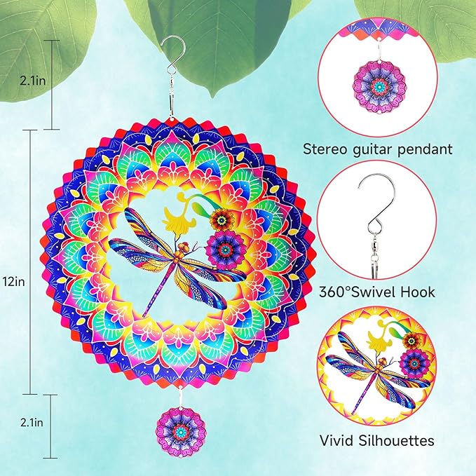 Dragonfly Mandala Wind Spinners Garden Yard Decor Gift for Women Men, 12 Inch Outdoor Metal 3D Wind Spinner, Stainless Steel Hanging Wind Catchers Kinetic Sculpture for Outside Decoration