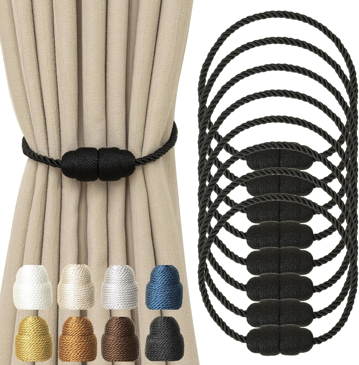 Magnetic Curtain Tiebacks Rope Curtain Tie Backs for Curtains 8 Pack Curtain Holders for Drapes Decorative Window Curtain Holdbacks, Black
