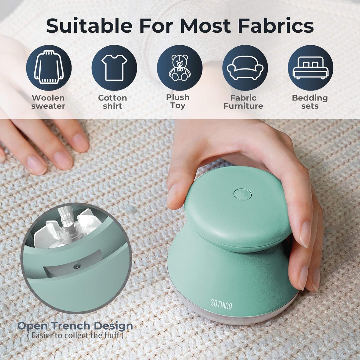 Fabric Shaver, Rechargeable Lint Remover, Use On Cotton, Polyester & Silk, Type C, Fast Charging, Compact & Stylish Design, Ergonomic Defuzzer, 6-Leaf Blades, Fuzz Remover
