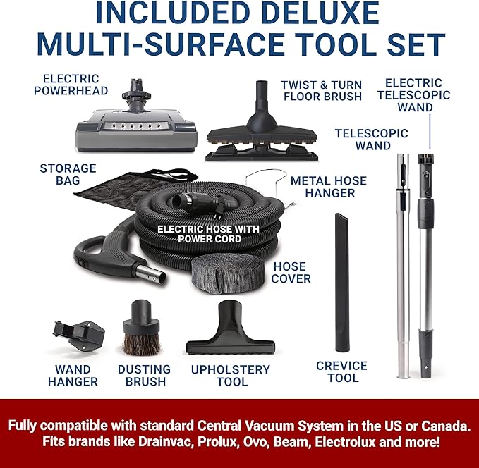 Broan-nutone 550 Air watts Central Vacuum System and Deluxe Multi-Surface Tool Set for Cleaning Floors,Carpets, Anti-Vibration, Powerful Suction