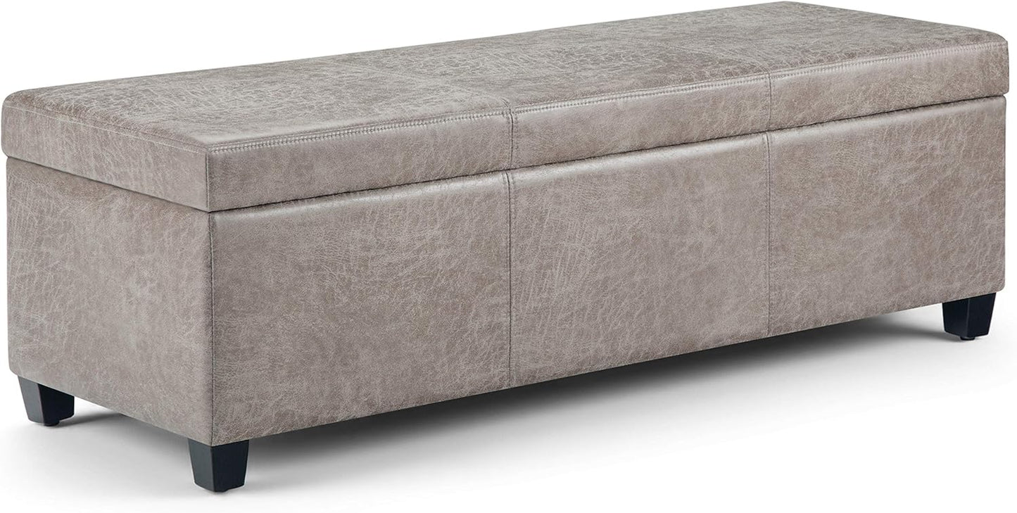 SIMPLIHOME Avalon 48 inch Wide Contemporary Rectangle Storage Ottoman Bench in Distressed Grey Taupe Vegan Faux Leather, Assembled, for the Living Room, Entryway and Family Room