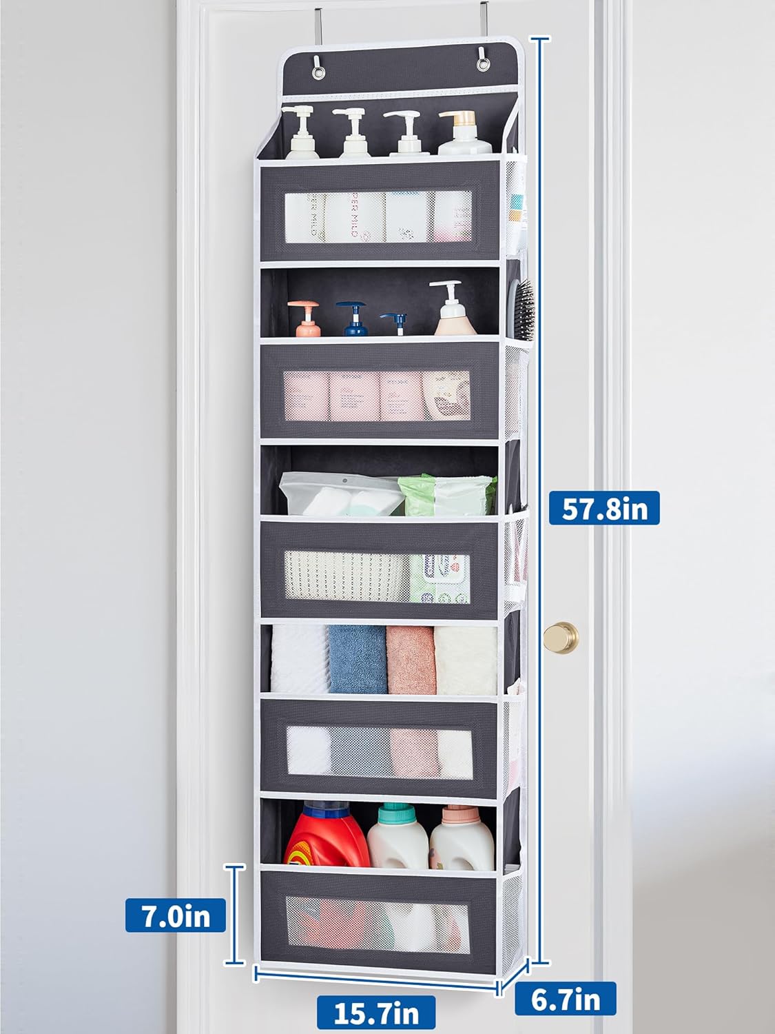 JARLINK 2 Pack Over The Door Organizer, 5 Shelf Door Hanging Organizer with 5 Large Pockets, 44 lbs Weight Capacity Hanging Storage for Bathroom, Bedroom, Nursery, RV, Pantry (Dark Grey)