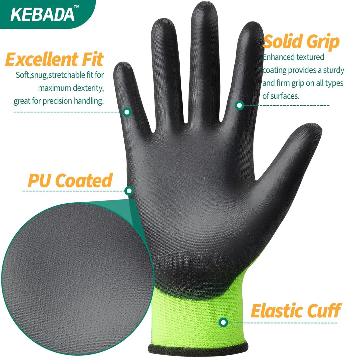 Kebada W1 Work Gloves for Men and Women, Touchscreen PU Coated Gloves with Grip, 50 Pairs Bulk Pack, Ideal for Warehouse Package Handling, Construction, Gardening, Green XX-Large