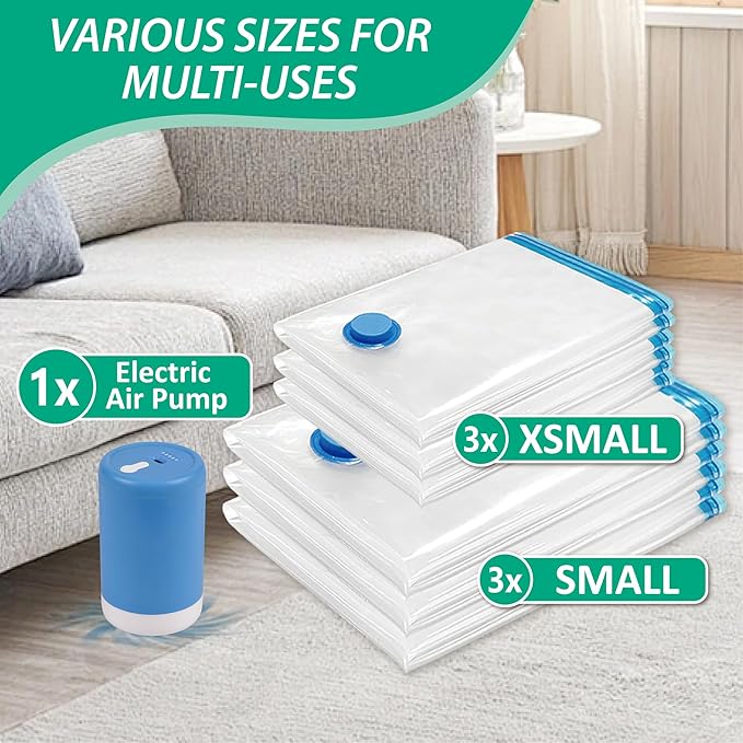 Cozy Essential Travel Vacuum Bags with Electric Pump, 6 Pack Vacuum Travel Bags for Luggage and Suitcase, Vacuum Seal Space Saver Compression for Clothes Clothing