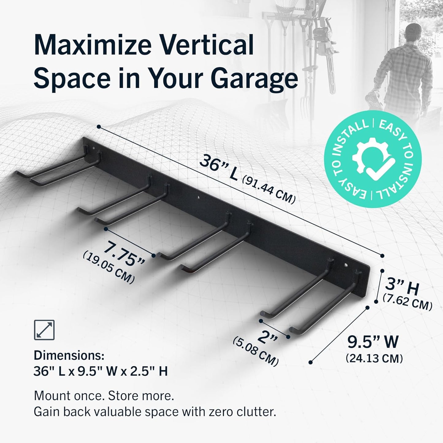 StoreYourBoard Wall-Mounted Rack With 4 Garage Hooks – Heavy-Duty Steel Holder Garage & Garden Storage for Shed, Workshop, or Home Organization – For Rakes, Shovels, Tools & More – 2 Pack, Black