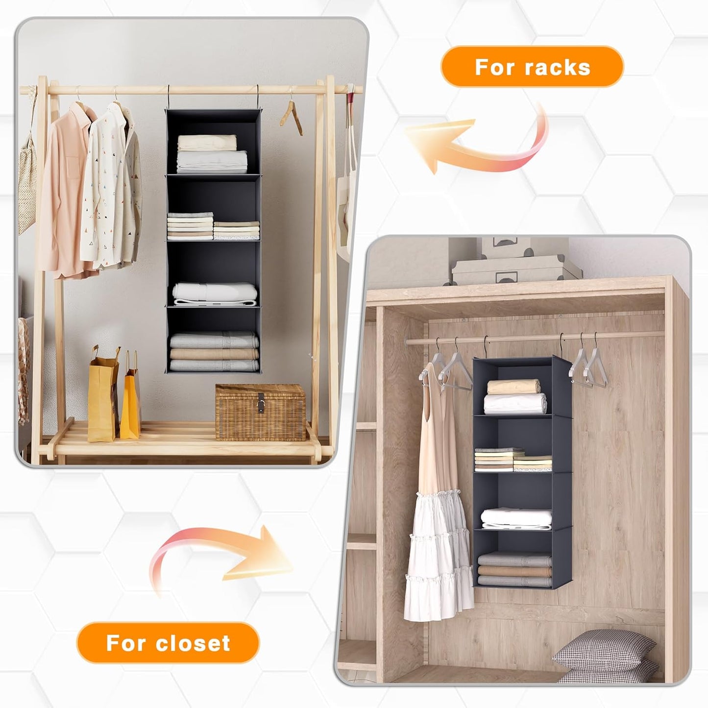 Hanging Closet Organizer, Easy Mount Foldable 4-Shelf Hanging Closet Wardrobe Storage Shelves, Clothes Handbag Shoes Accessories Storage, Washable Oxford Cloth Fabric, Dark Grey