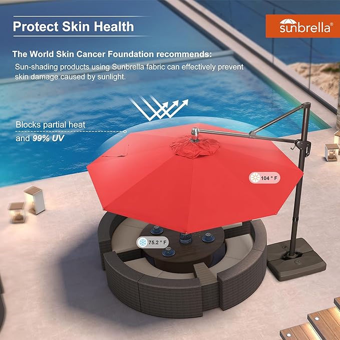 PURPLE LEAF 10FT Cantilever Patio Umbrella with 360-degree Rotation Aluminum Round Outdoor Offset Handing Umbrella for Patio Pool, Red