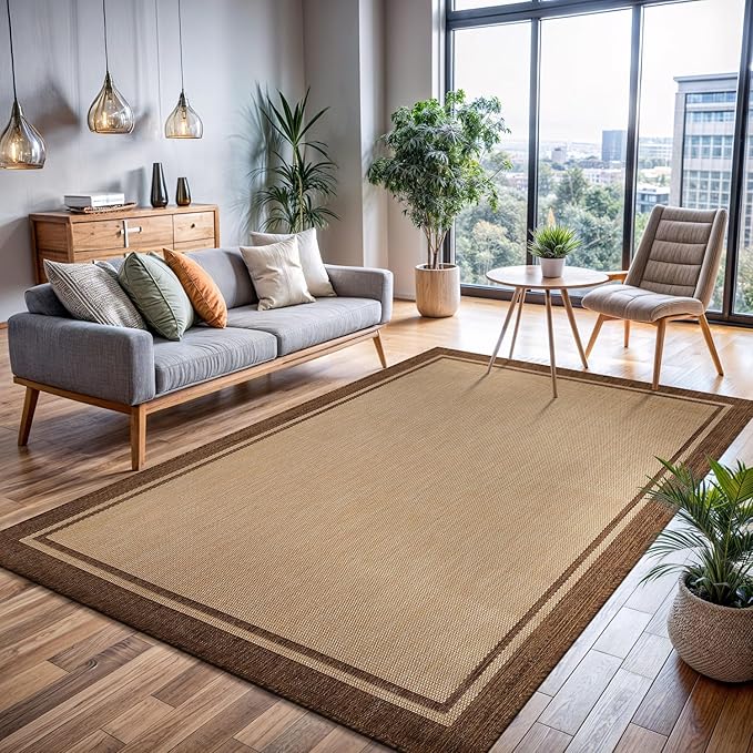 CAMILSON Outdoor Rug 9x12 Bordered Natural Brown Modern Area Rugs for Indoor and Outdoor Patios, Kitchen and Hallway Mats, Washable Porch Deck Outside Carpet (Border Jute, 9 x 12)
