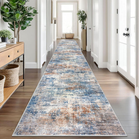 IOHOUZE Abstract Runner Rug 3x18 Ft Extra Long Washable Runners for Hallways, Non Slip Kitchen Runner Printed Faux Wool Entryway Runner Indoor, Modern Abstract Floor Carpet for Hall Stair, Blue Rust