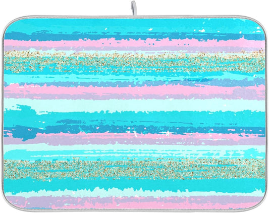 Turquoise Stripe Dish Drying Mat for Kitchen Countertop 16x18 Rectangle Teal Aqua Small Drying Mat Reusable Quick Dry Dish Sink Absorbent Mats Dishwasher Easy Clean Decorative Home Decor Essentials