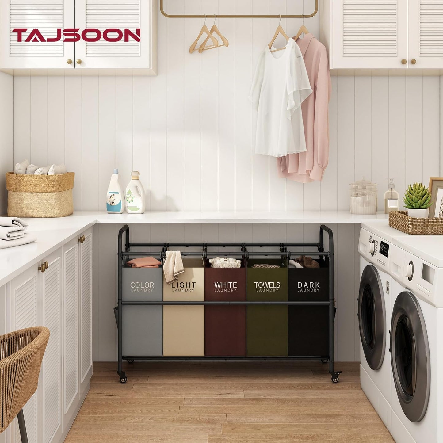 Tajsoon 5 Bag Laundry Sorter Cart, Laundry Hamper Sorter Basket with Heavy Duty Lockable Rolling Wheels for Clothes Storage, 5 Colors