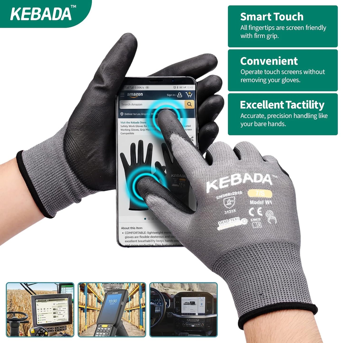Kebada Safety Work Gloves,120 Pairs Bulk Pack, Touchscreen, PU Coated, Ideal for Warehouse, Construction, Gardening and Mechanics, Grey, XX-Large