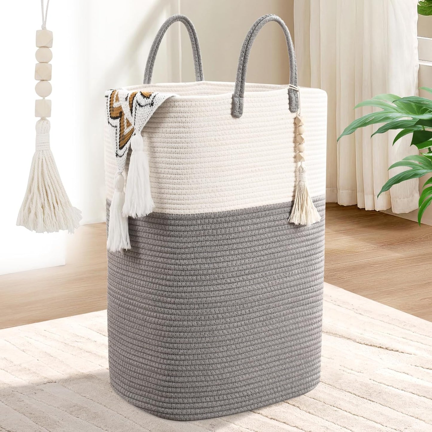 Woven Laundry Basket for Clothes, 50L Large Rectangle Laundry Hampers with Beads Tassel, Nursery Storage Basket for Toys, Tall Dirty Clothes Hamper for Bedroom Aesthetic, Laundry Room Organization