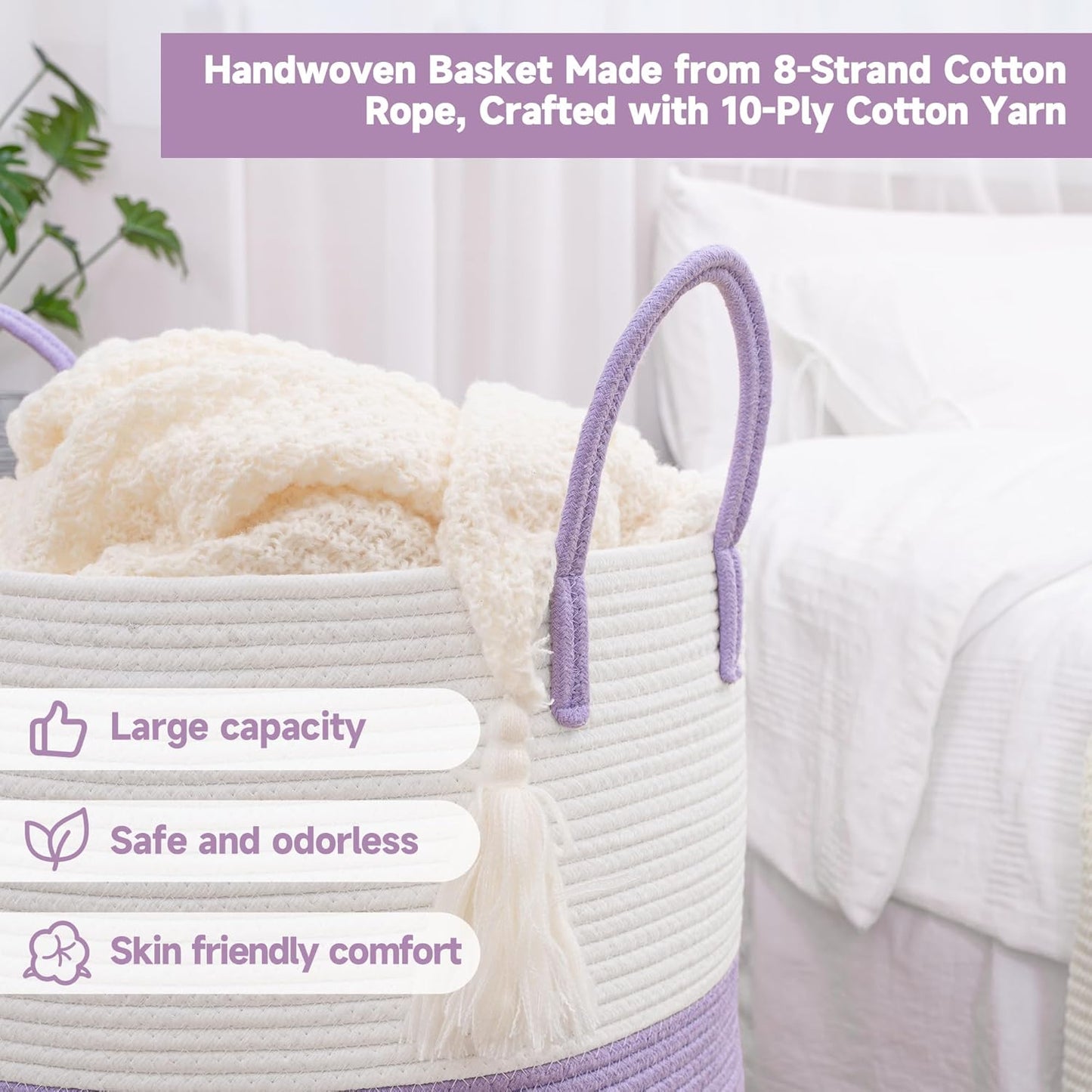 CLHMILY&Z 80L Laundry Basket Round Storage Rope Basket - 16.5x22.5 Inches - Lavender Hamper in Bedreoom and Cute Storage Bin for Blankets, Toys, and Nursery Essentials
