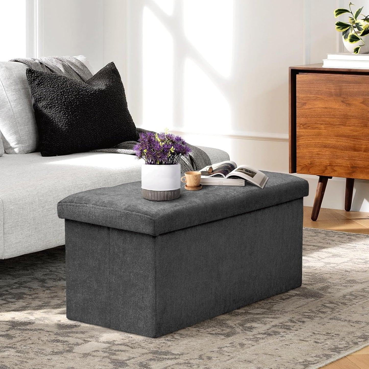 Athena Collection 30" Storage Ottoman Bench Folding Bench with 90L Hidden Storage, Large End of Bed Bench Linen Foot Rest Stool Chest with Flipping Lid for Living Room, Bedroom, Entryway, Dark Gray