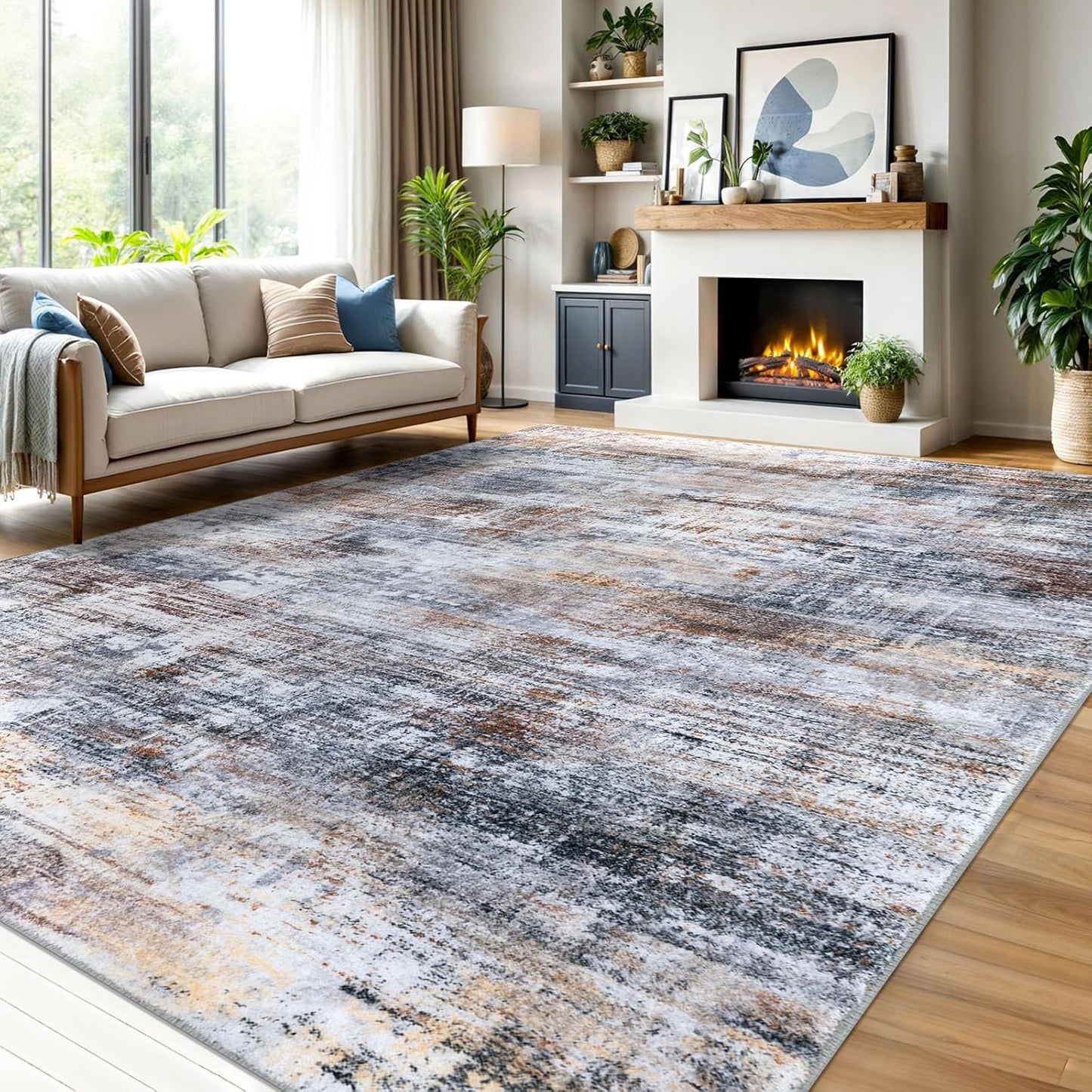 IOHOUZE Abstract Area Rugs 9x12 Ft Washable Large Rugs for Living Room, Non Slip Dining Room Rug, Printed Faux Wool Rugs for Bedroom, Floor Carpet for Office Nursery Playroom, Orange Grey