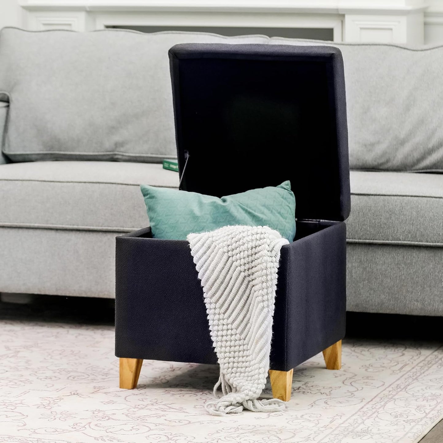 Adeco Fabric Storage Ottoman Bench with Solid Wood Legs, 17.7" Square Dark Grey Cotton Linen Cube Foot Stool, Upholstered Button Tufted Vanity Chair with Hinged Lid for Living Room, Bedroom, Dorm