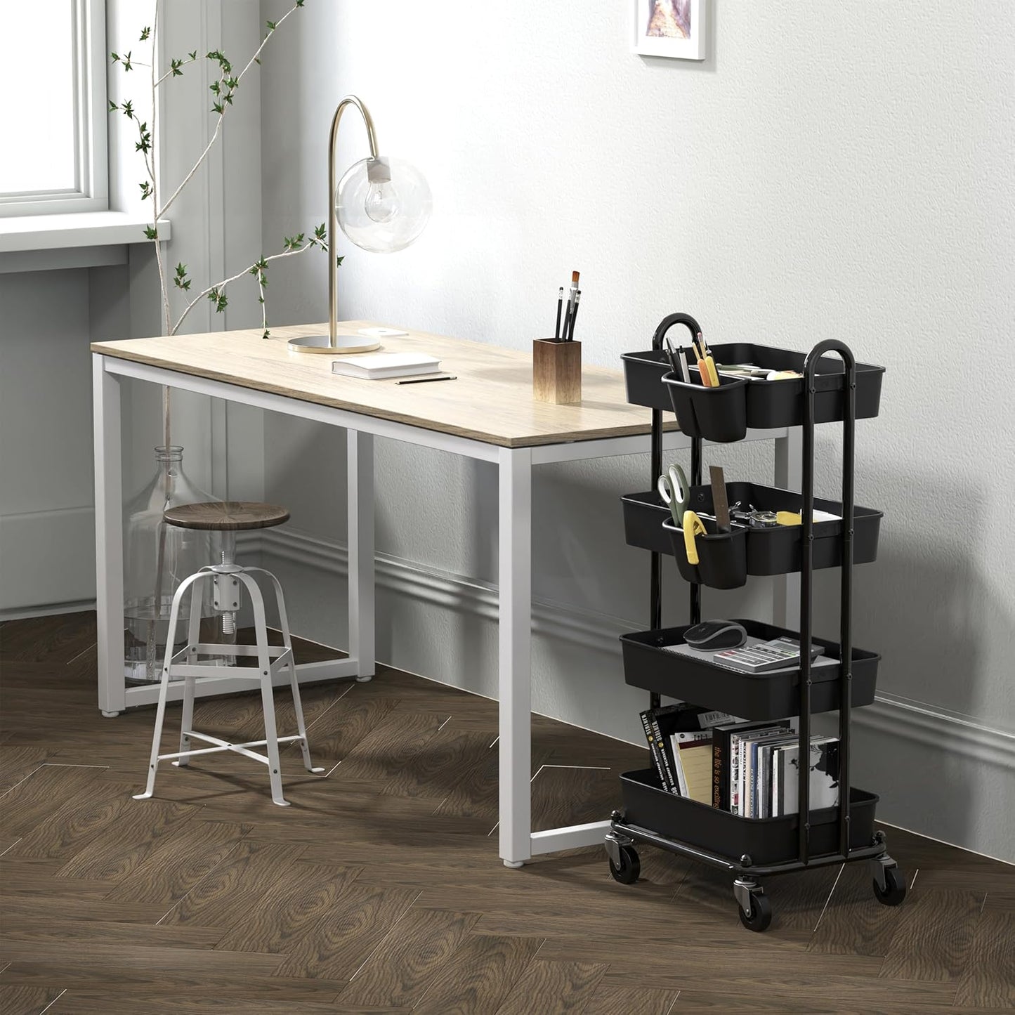 Simple Houseware 4-Tier Multifunctional Rolling Utility Cart with Hanging Buckets, Black