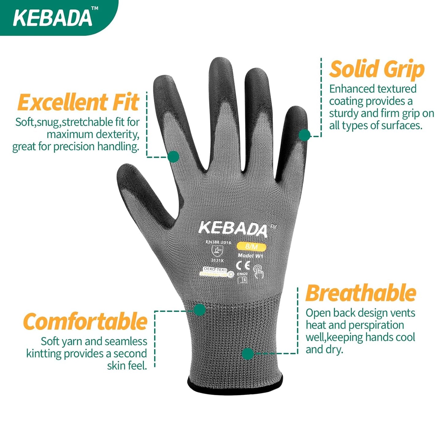 Kebada Safety Work Gloves,120 Pairs Bulk Pack, Touchscreen, PU Coated, Ideal for Warehouse, Construction, Gardening and Mechanics, Grey, XX-Large