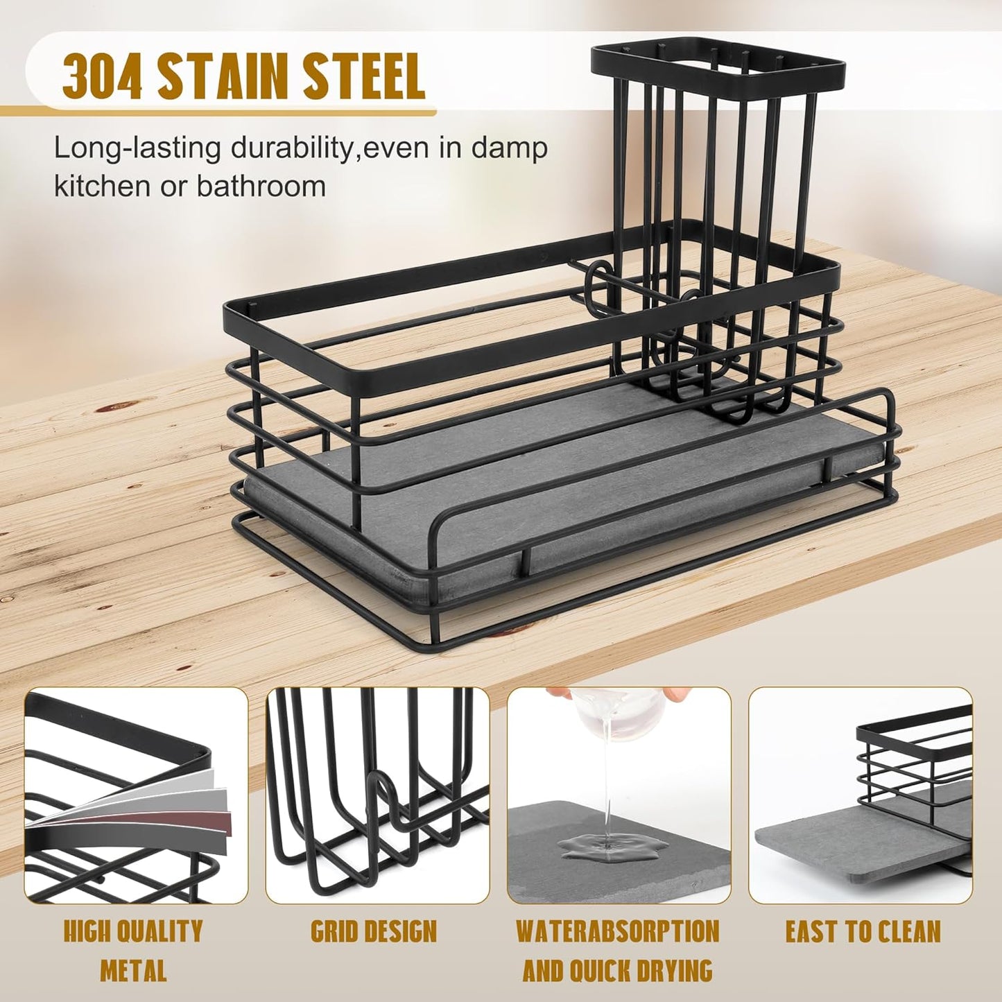 Sponge Holder for Kitchen Sink – Rustproof Sink Caddy & Kitchen Organizer with High Brush Holder, Fast Drying Diatomite Base, 304 Stainless Steel Dish Sponge Rack(Black)