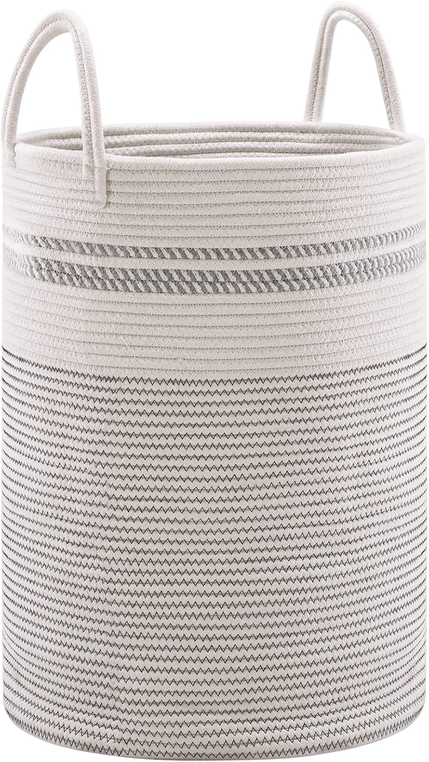 YOUDENOVA Woven Rope Laundry Hamper Basket, 58L Tall Luandry Basket, Baby Nursery Hamper for Blanket Storage, Clothes Hamper for Laundry in Bedroom-Large-Stripe White