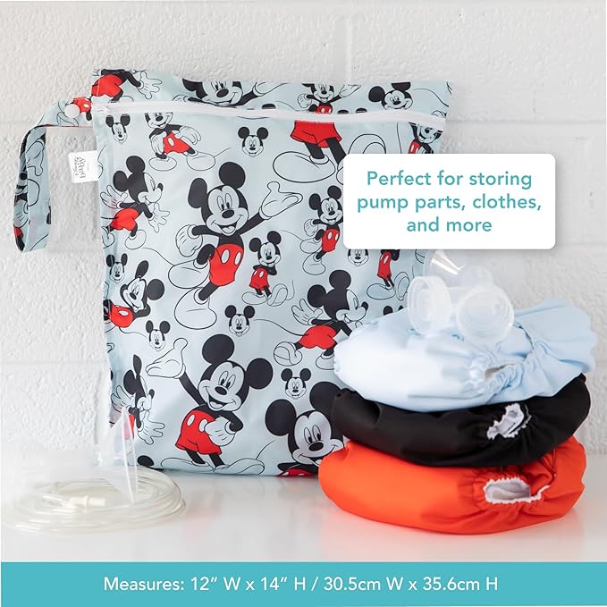 Bumkins Disney Waterproof Wet Bag for Baby, Travel, Swim Suit, Cloth Diapers, Pump Parts, Pool, Gym Clothes, Toiletry, Strap to Stroller, Daycare, Zipper Reusable Bag, Packing Pouch, Mickey Mouse