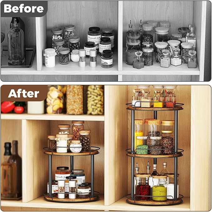 LAMU 10.2'' Wood Lazy Susan Turntable Organizer for Cabinet, 2 Tier Lazy Susan Spice Rack Organizer for Kitchen, Table Top, Countertop, Pantry, Medicine Organizer