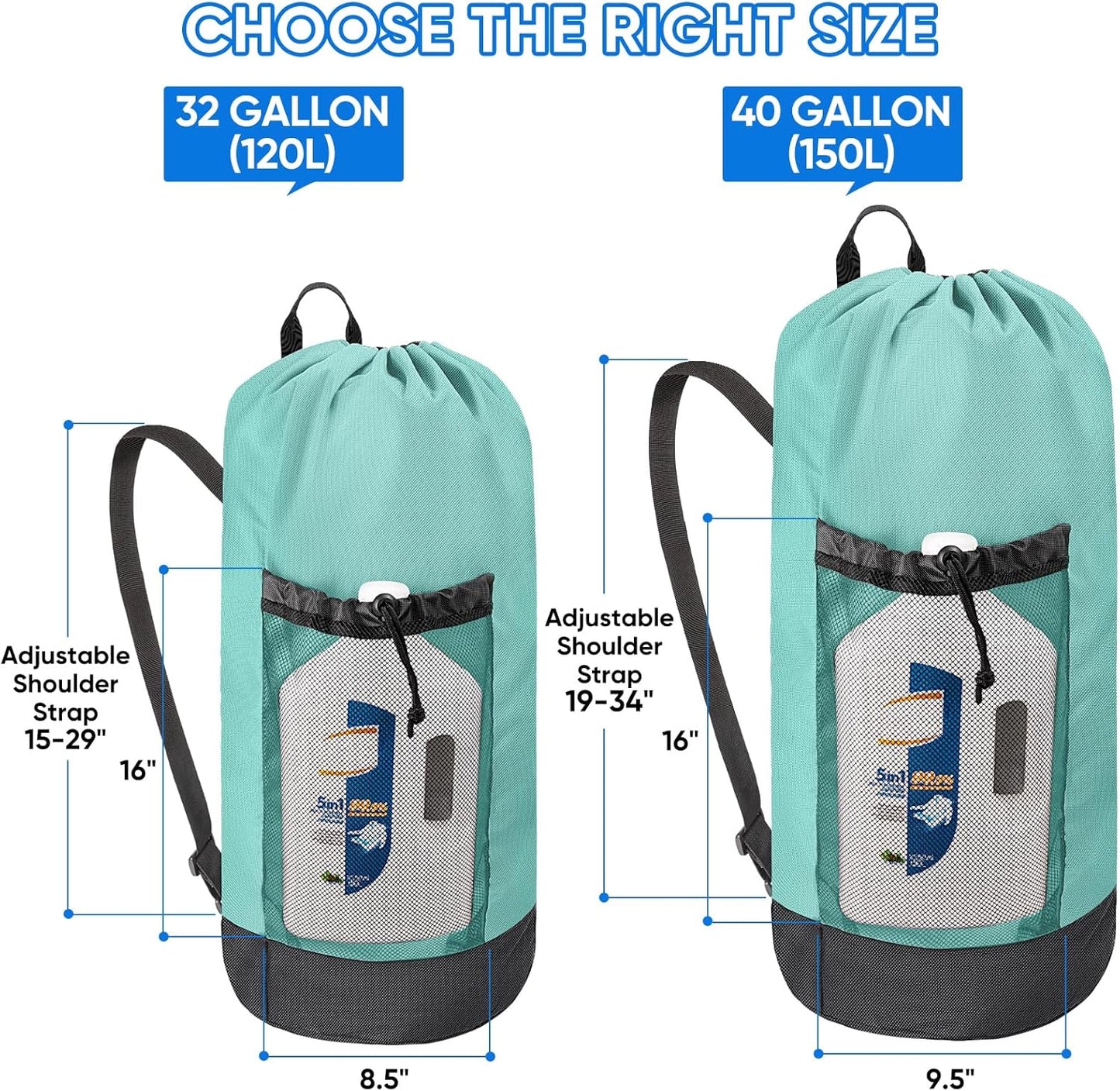 BALEINE 150L Laundry Bag Backpack, 900D Oxford Fabric Large Travel Laundry Bags with Shoulder Straps and 2 Mesh Pockets for College Dorm, Apartment, Laundromat (Sky Blue, 150L)