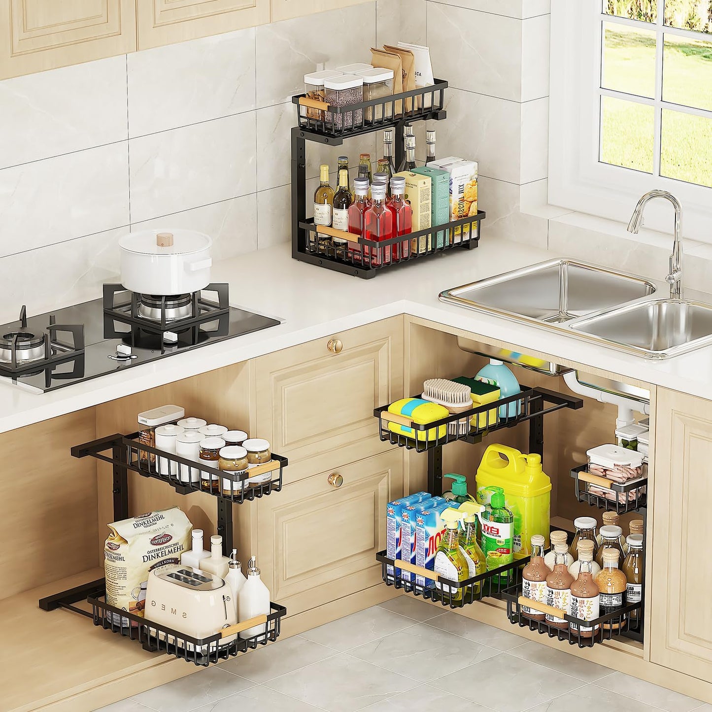 2-Tier Slide Out Under Sink Organizer – 2-Tier Pull-Out Storage Rack, Bathroom organizers and storage for Kitchen and Bathroom, Space-Saving Cabinet Organizer, Rustproof,（Black)(2 Pack)